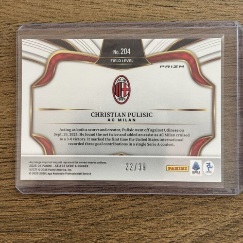 Christian Pulisic White Prizm /39 Panini Select 2025-26 Serie A card