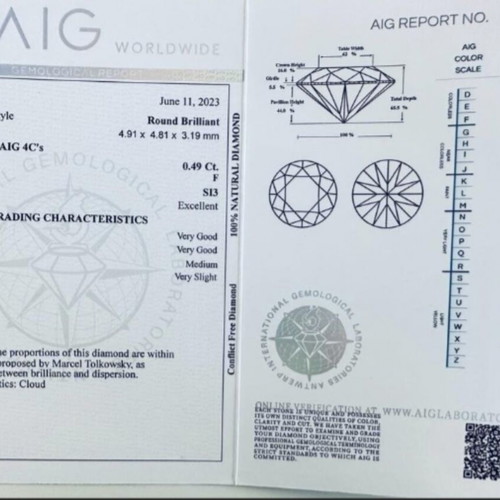 Diamond 0.49ct natural, round brilliant cut, F color, SI3 clarity