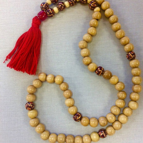 Wooden handmade mala with painted beads and red tassel new