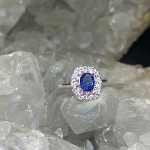 Handmade silver ring with natural blue sapphire, pink quartz & moissanites, size 7