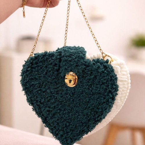 Handmade shoulder bag heart-shaped with gold details, white and green