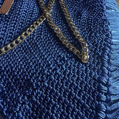 Handmade royal blue knitted shoulder bag with fringes