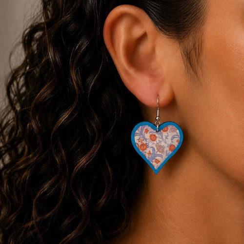 Wooden handmade heart earrings blue