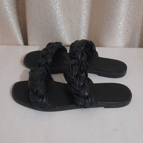Slippers black leather women's used, size 36, braided straps