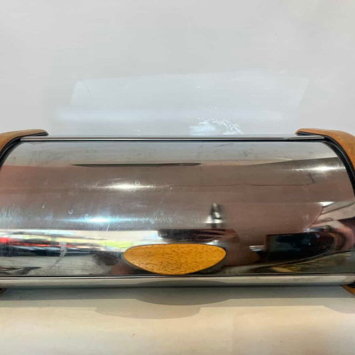 Brabantia bread box used, stainless steel with wooden details 19x47x27