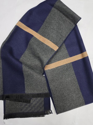 Men's double-sided scarf blue dark gray with tan stripe new