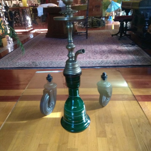 Hookah used with green glass base and 54 cm bronze body