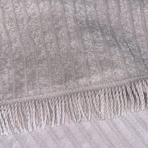 Cotton quilt for large bed, pale pink, striped with fringes