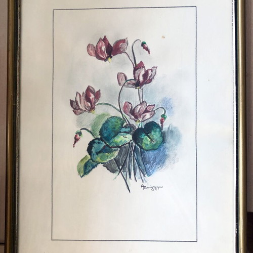 Watercolor artwork by Archontia Papazoglou used, 1970s, framed 27x37 cm