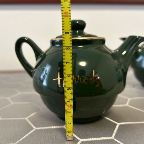 Harrods 12oz green teapots set of 2 with gold logo new