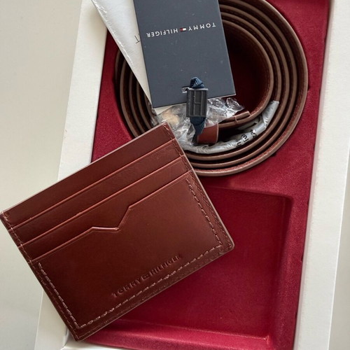 Ζώνη και δερμάτινη κάρτα Tommy Hilfiger καφέ καινούργιο