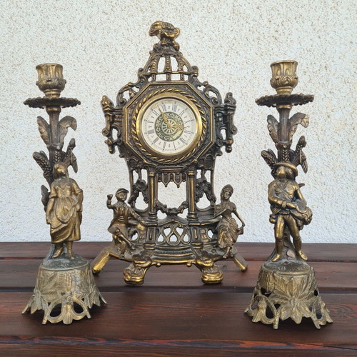 Bronze Mantle Clock Garniture Set used, Baroque style