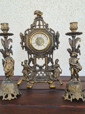 Bronze Mantle Clock Garniture Set used, Baroque style