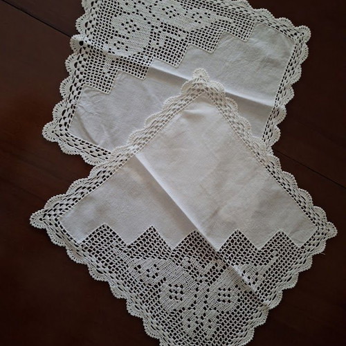 Handmade square napkins used, set of 2 pieces
