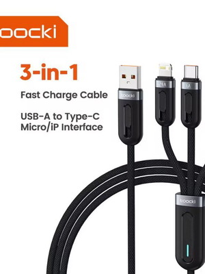 Toocki 3-in-1 Charging Cable USB-C Lightning Micro-USB Black 1.2m new