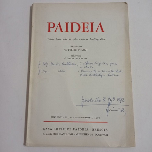 Paideia magazines used, 2 issues 1966 and 1971, Italian