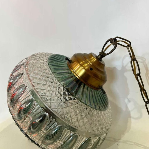 Vintage ceiling light made of blown glass with embossed pattern and brass details from the 60s used