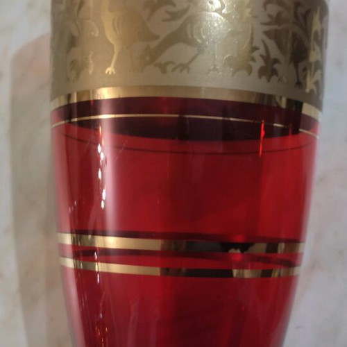 Ruby Glass Vase with Gold Ornament by Jan Gabrhel like new, 1960s