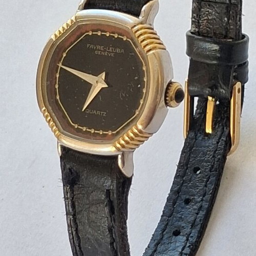 Favre Leuba Quartz watch used, black and gold, leather strap
