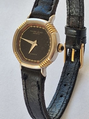 Favre Leuba Quartz watch used, black and gold, leather strap