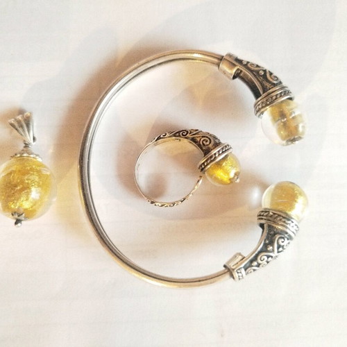 925 Silver Jewelry Set like new with glass beads and gold leaf accents
