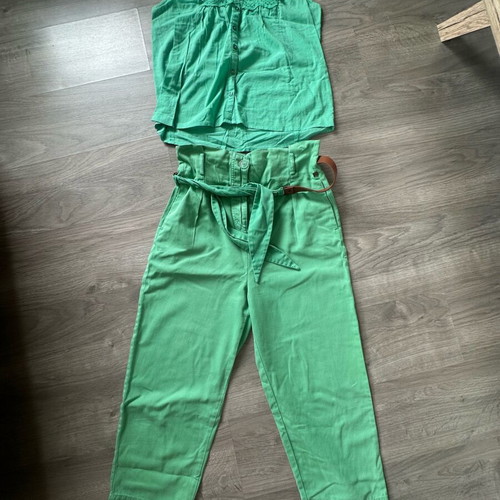 Attrattivo women set green like new, cotton trousers and blouse