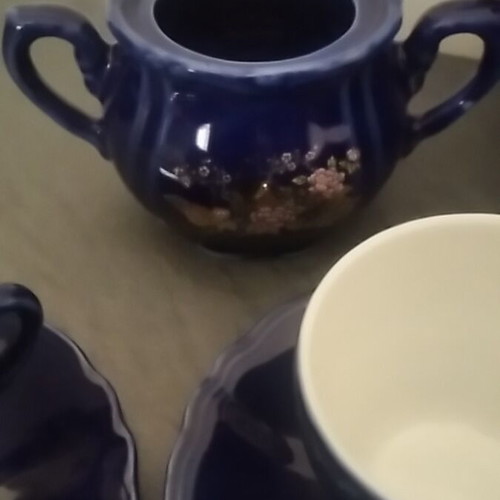 Vintage Yamato 1886 Japan tea set used, 8-piece blue porcelain