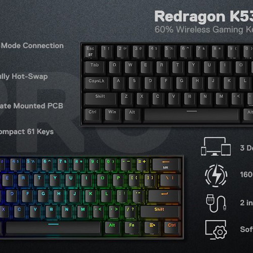Redragon K530 Pro Draconic 60% Wireless Gaming Mechanical Keyboard RGB New