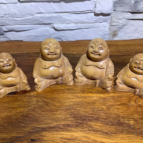 Set of 4 handmade wooden laughing Buddhas used