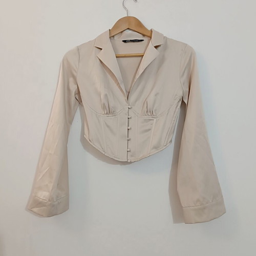 Zara satin corset shirt with bell sleeves XS like new, beige