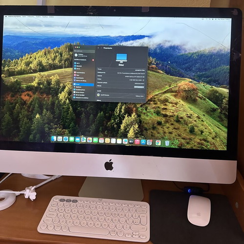 iMac 27 inch used with screen crack, includes Apple Magic Mouse and Logitech keyboard