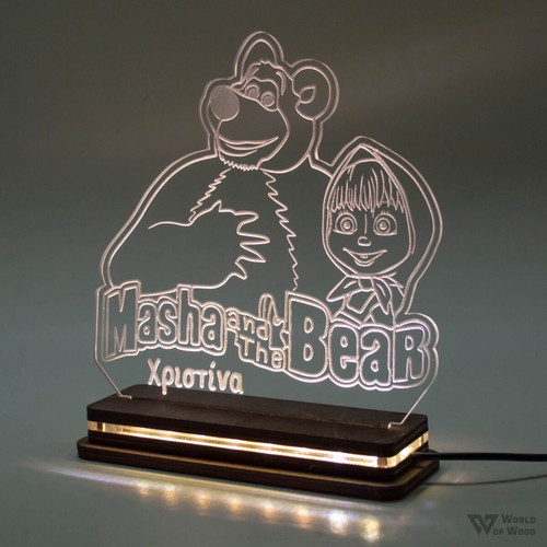 Masha and the Bear LED lamp handmade with wooden base and plexiglass new