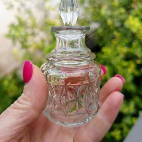 Vintage glass miniature bottle set of 2 with carved pattern and glass stopper