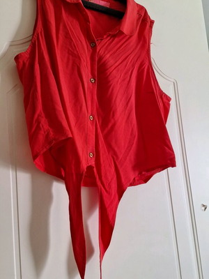 Red sleeveless shirt Lynne used, tie-front