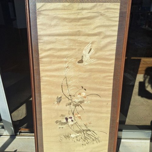 Japanese silk embroidery with birds and flowers, framed 102×47