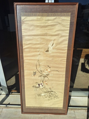 Japanese silk embroidery with birds and flowers, framed 102×47