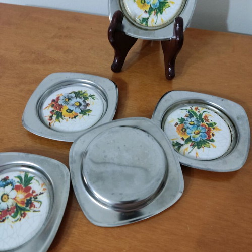 Vintage metal coasters with porcelain like new