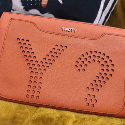 Y Not? Handbag like new, orange envelope with strap and keychain