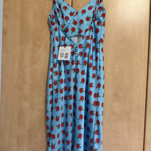 Ioli dress Hemithea, blue with red rose pattern, size small