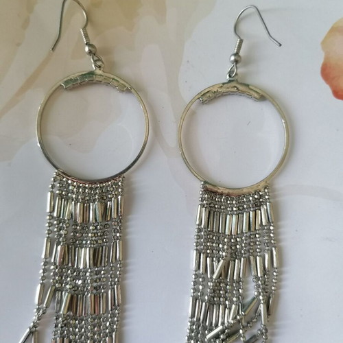 Long earrings new with hoop, rhinestones and dangling chains silver