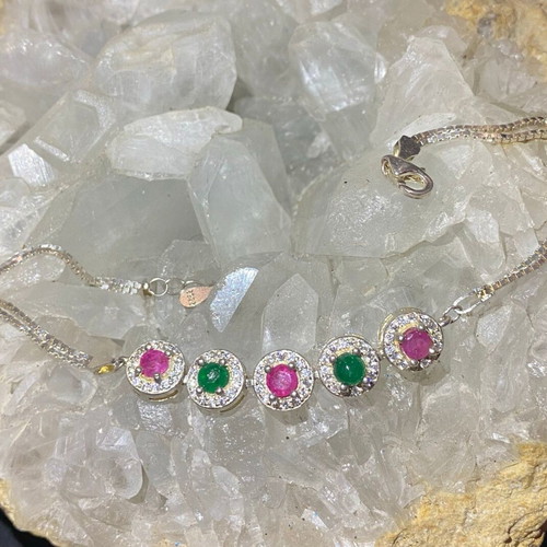 Handmade silver bracelet with natural emerald, ruby and moissanite, new
