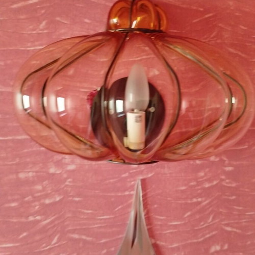 Murano blown glass wall light with brass details, amber color