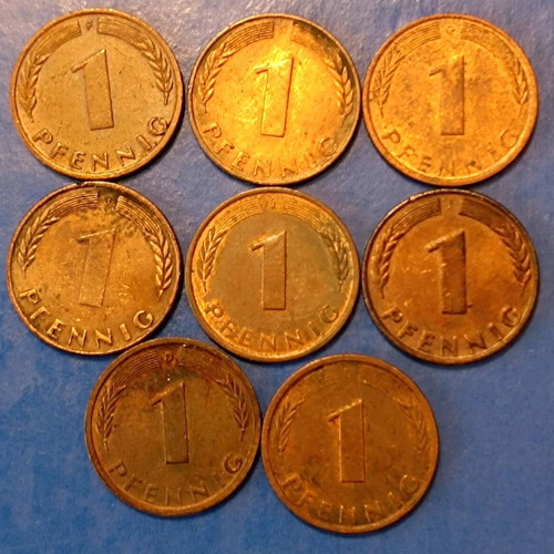 Coins 8 used 1 pfennig Germany 1948-1985