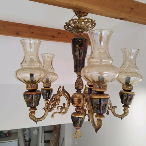 Pair of chandeliers used with ceramic base, five-light and four-light