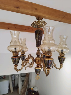 Pair of chandeliers used with ceramic base, five-light and four-light