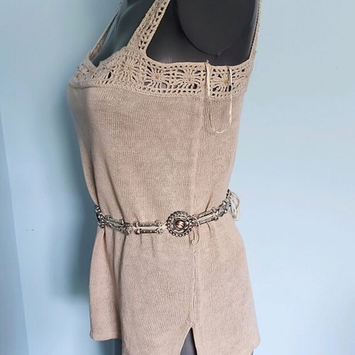 Calvin Klein tunic used with hand-knitted lace and wooden beads