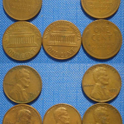 America United States 1 Cent used, pack of 5 coins 1952-1970D