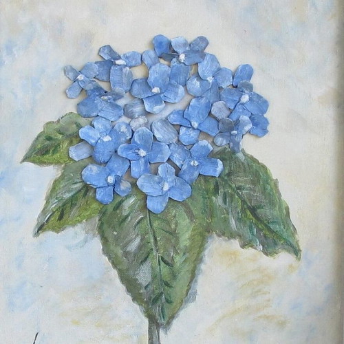 3D Artwork Blue Hortensia Painting on Canvas with Pinecone Flowers New