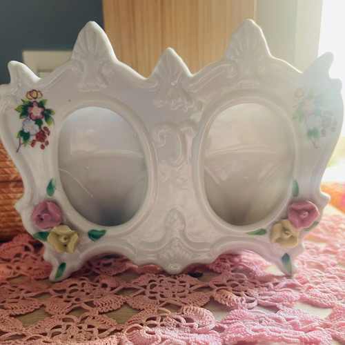 Vintage double porcelain photo frame with embossed flowers, like new
