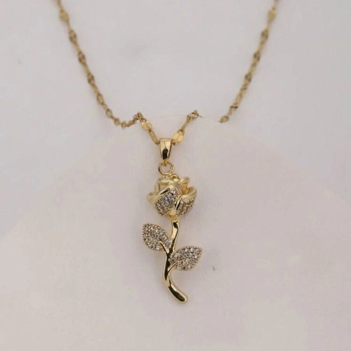 18K Gold Plated Rose Pendant Necklace with Sparkling CZ Crystal